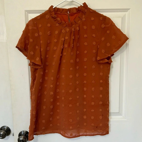SHEIN Tops - Shein ruffled sleeve Swiss dot blouse size small rust orange